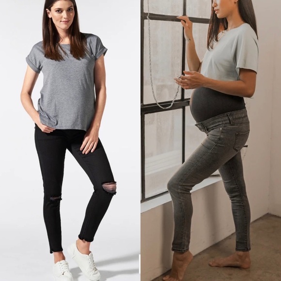 Blanqi Maternity Belly Support Skinny Jeans‎ in Black Knee Slit Wash - Picture 1 of 7